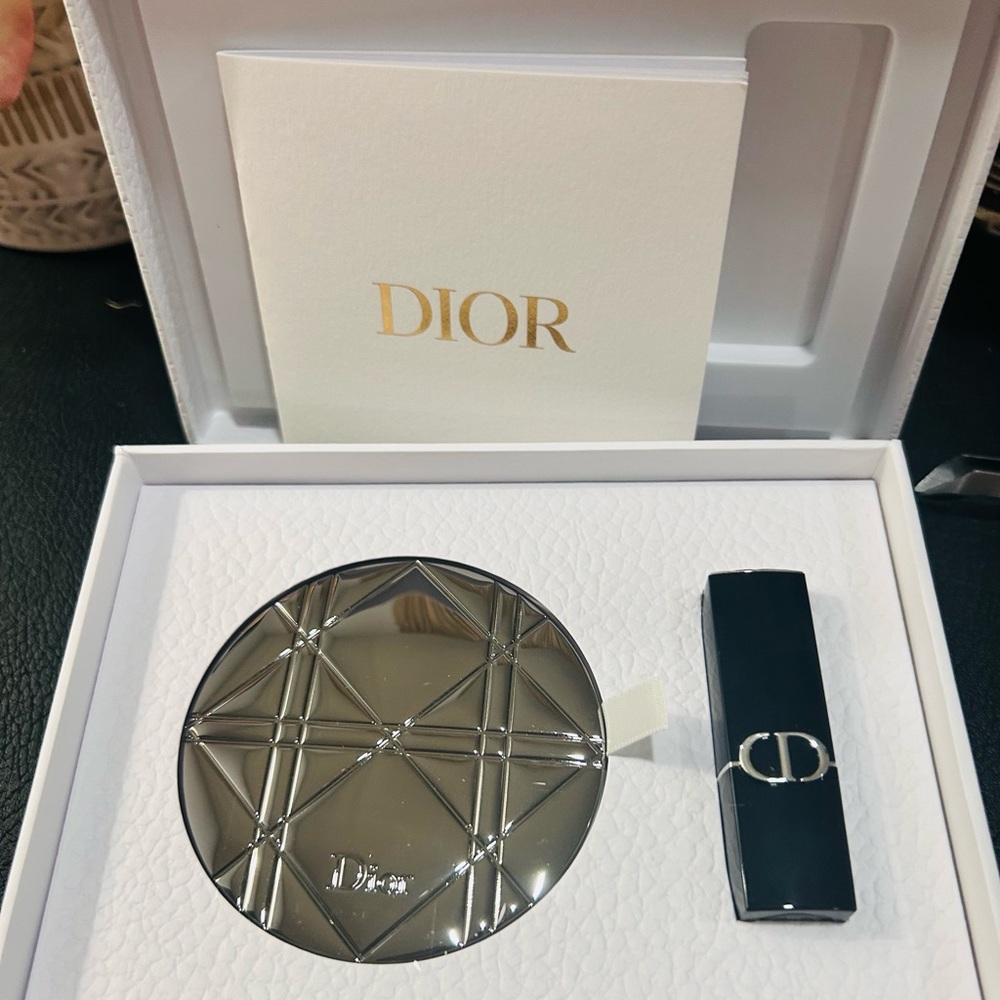 DIOR Set Silver Cannage Double Sided Mirror and Lipstick #720 New In Box